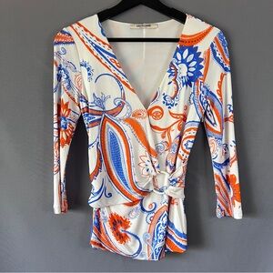 Roberto Cavalli paisley 3/4 sleeve plunge v-neck white orange blue wrap top XS